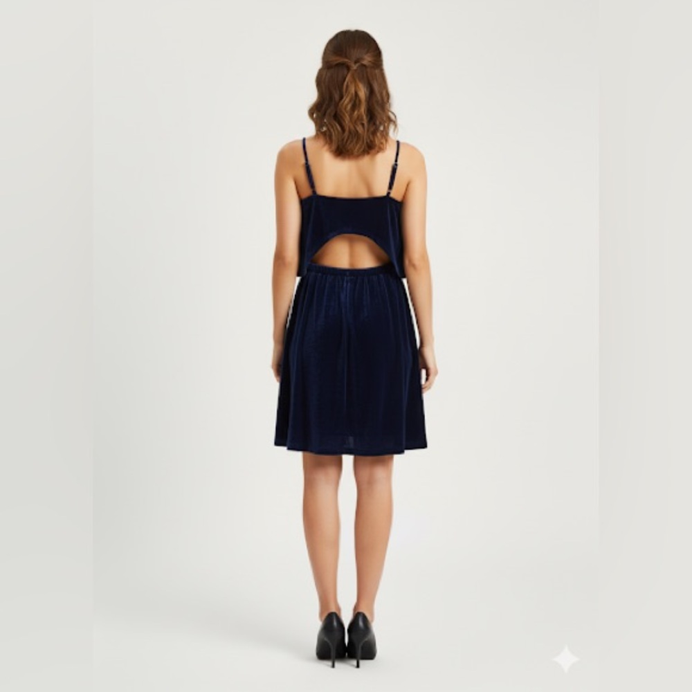 Navy Blue Velvet Mini Dress with Ruffle Overlay, open back | Tobi FDD131131